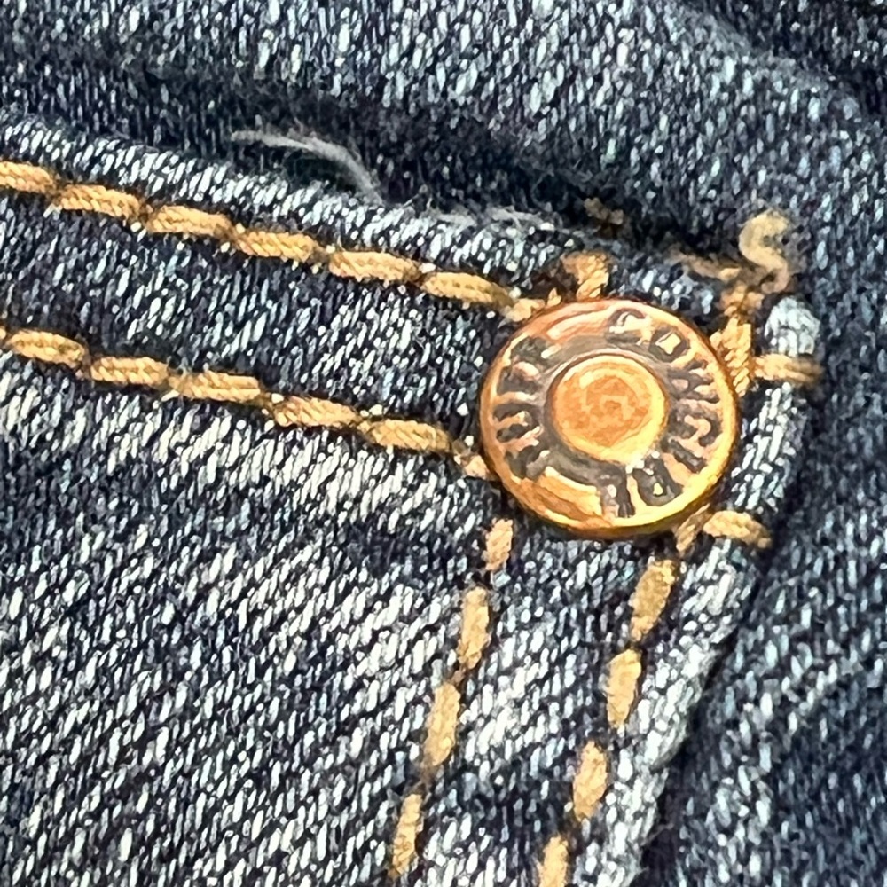 Cowgirl Tuff Western Edge Dark Blue Jeans Womens size 30 X 35 Brown Stitching - Picture 13 of 14